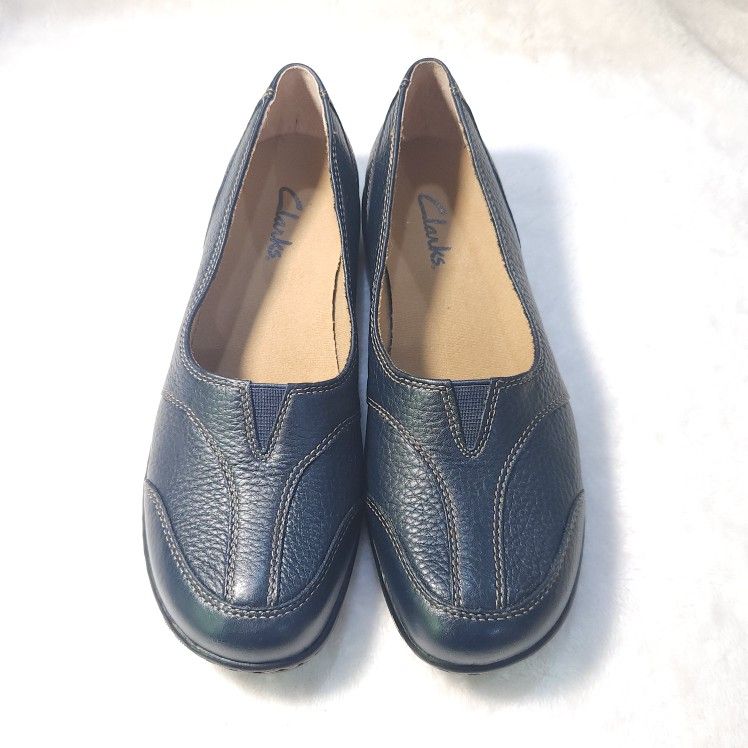 New Clarks Pebbled Leather Navy Slip-On Shoes Ballet Flats Loafers Size 7.5-8