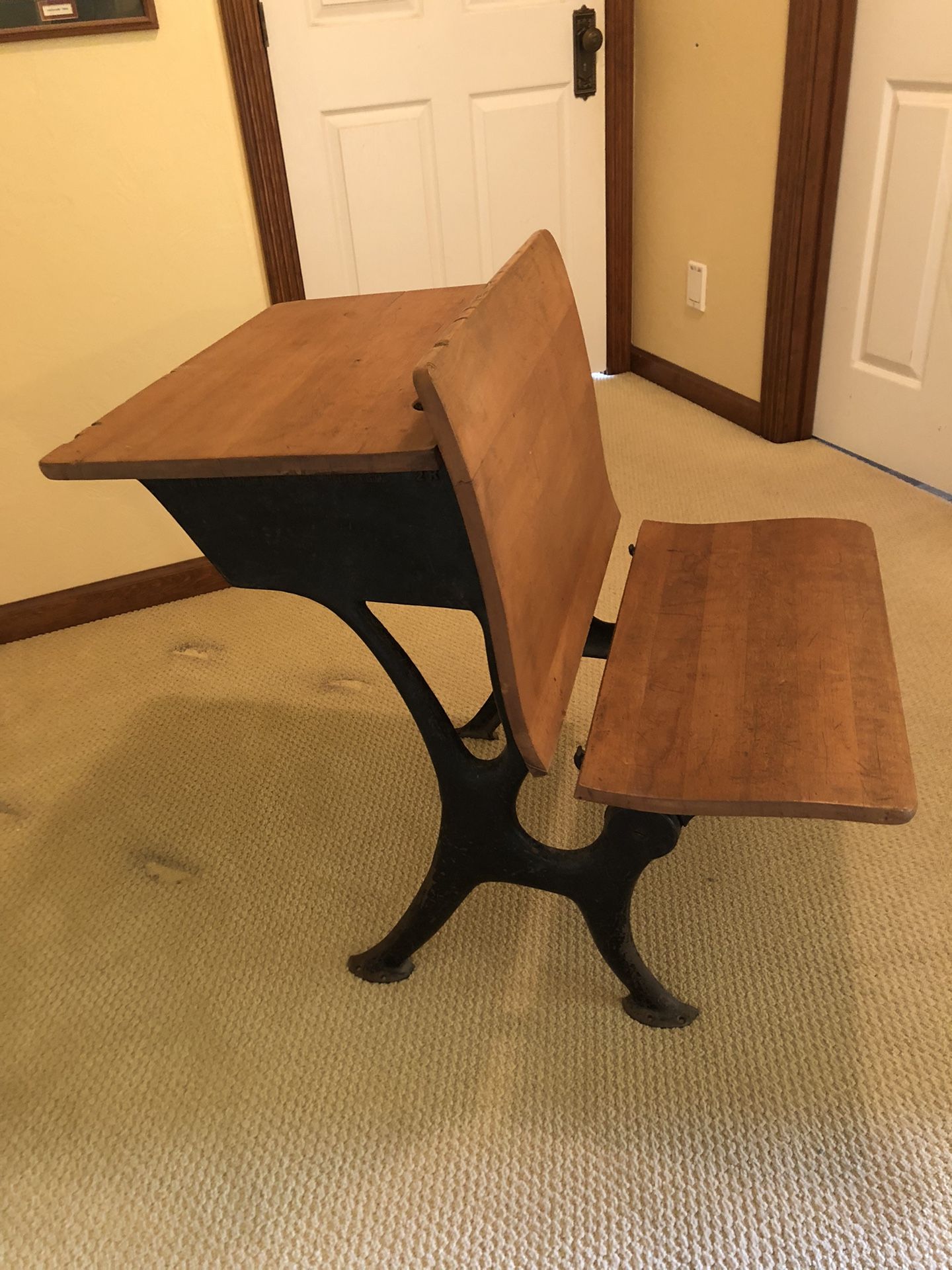 Antique School Desk Wood, Cast Iron Legs Vintage