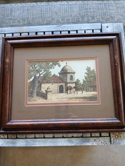 .
Pair of Vintage 1980 James W. Johnson Framed Art Prints - Verified Matching Printer's Proofs (P/P) - Carmel Mission & Native American Horse Riders