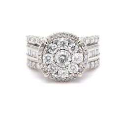 10K White Gold Natural Diamond Cluster Halo Ring | Round Brilliant, Baguette & Single Cut 2.07 TCW, H-I I1-I2, Size 7