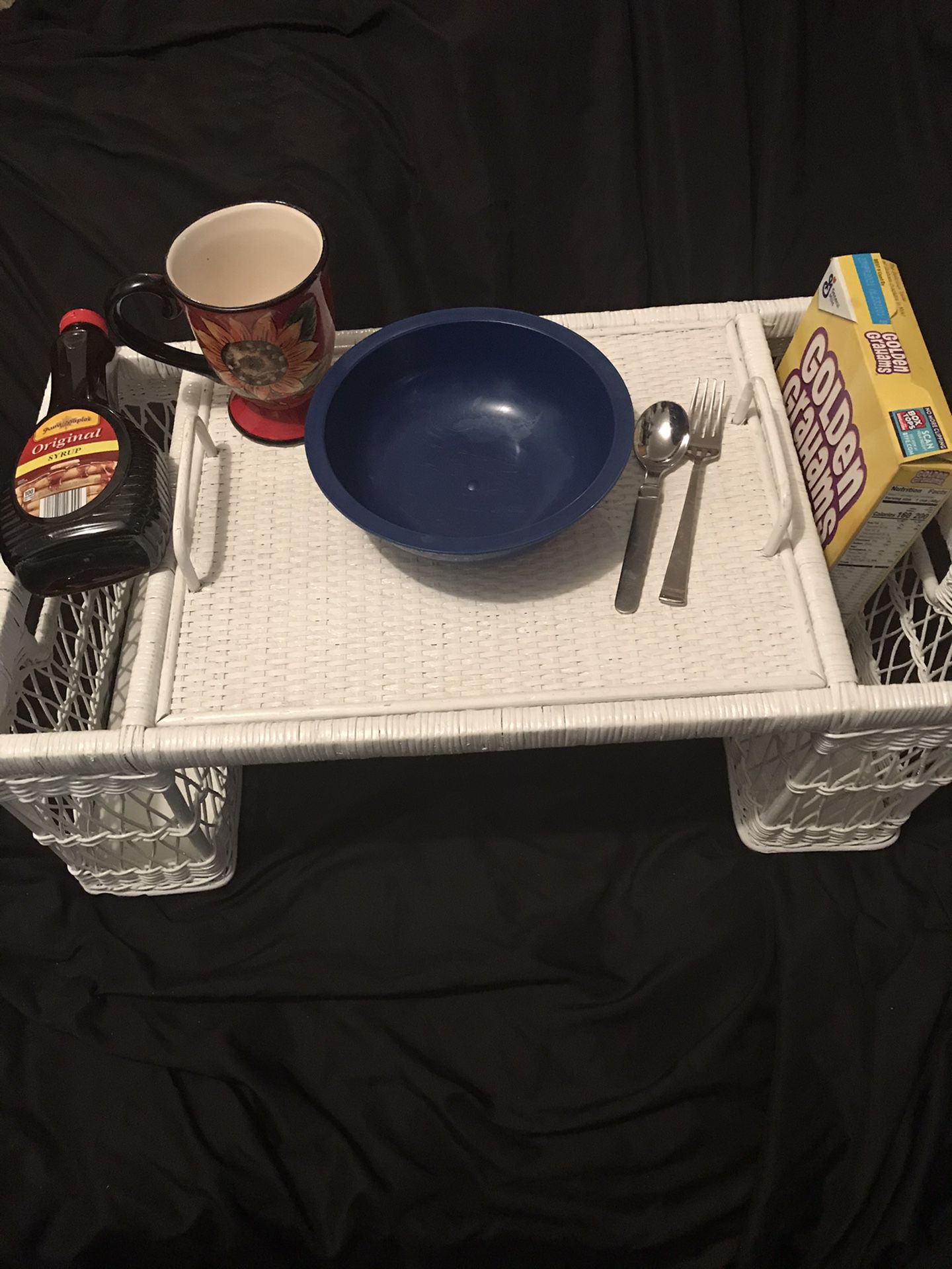 White painted wicker Bed tray big to hold cereal bowl cup utensils