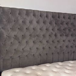 Cal King Gray Suede Bed Frame And HeadBoard 