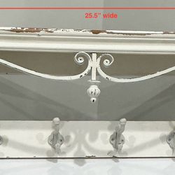 Hand Crafted Shabby White Wood & Metal Shelf with 4 Hooks 