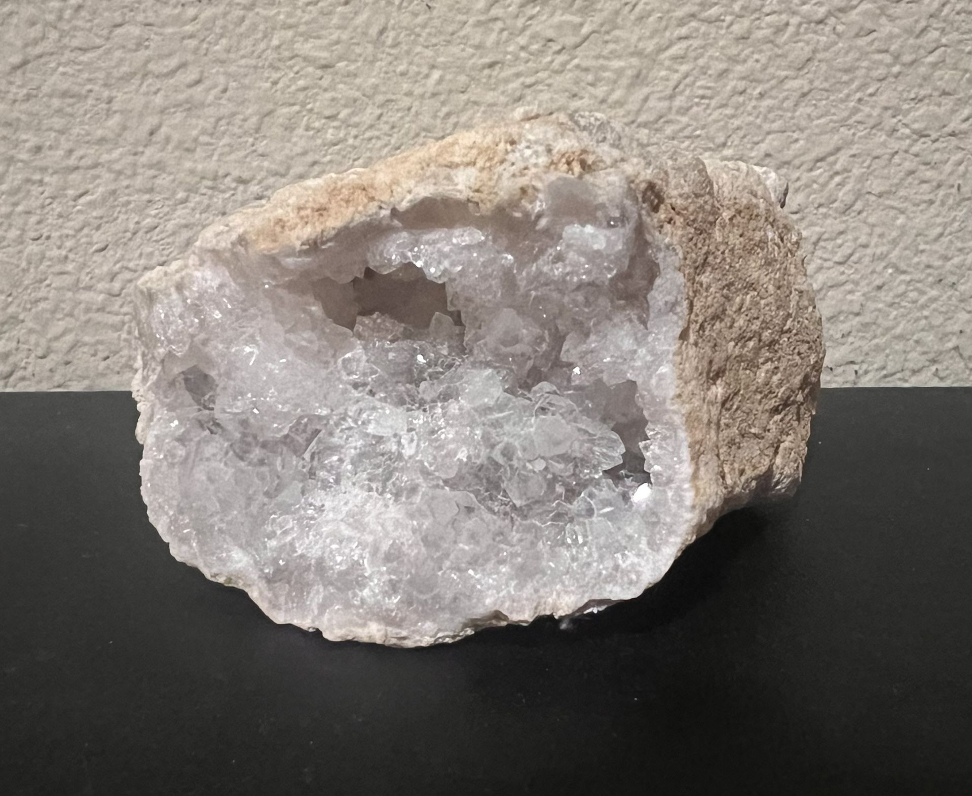 Geode with White Calcite Crystals Opened Morocco