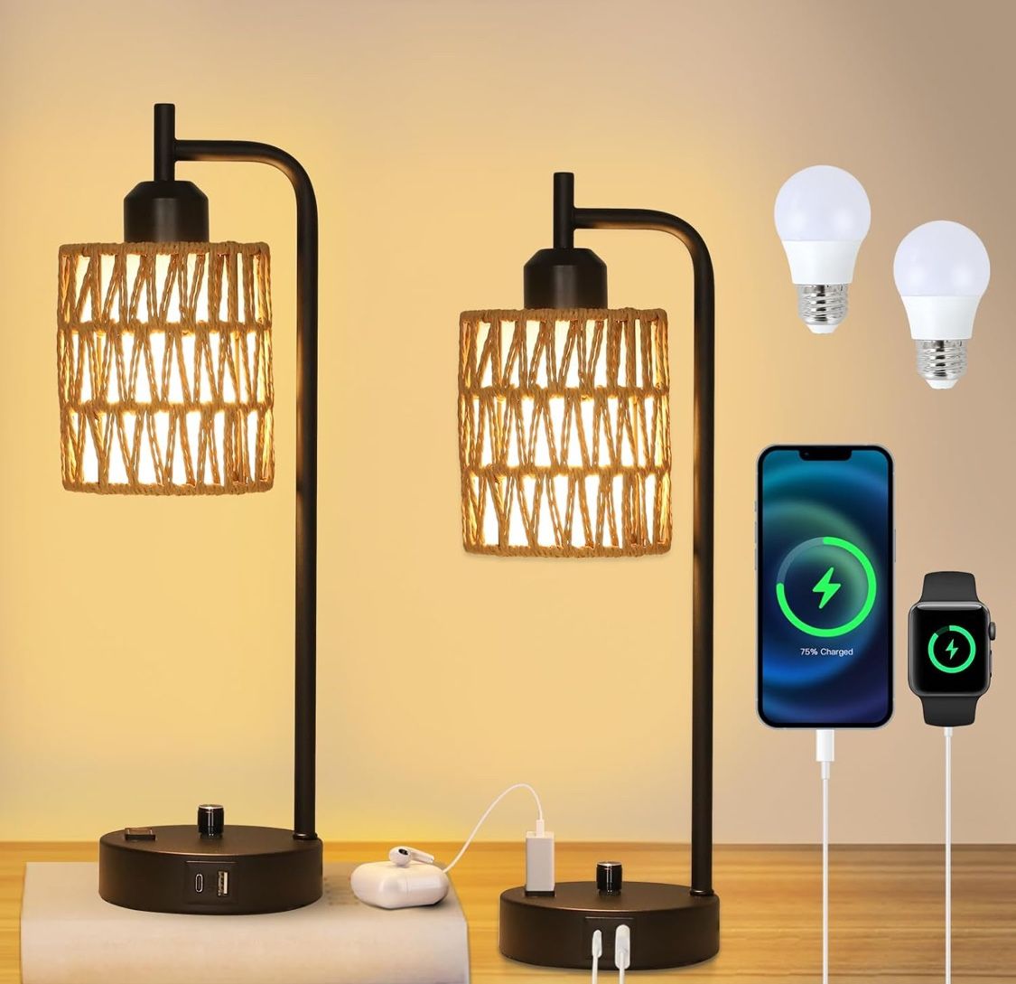 New Never Used Rattan Table Lamps for Living Room Set of 2, Boho Bedside Lamps with LED Bulbs, USB Charging Ports and Outlet, Farmhouse Nightstand Lam