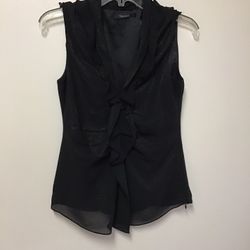 Women’s TAHARI 100% polyester black w/ gold specs slip lined sleeveless  blouse…size-XS