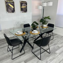 SET Dinning Table Tempered Glass Black Leather - FREE DELIVERY 