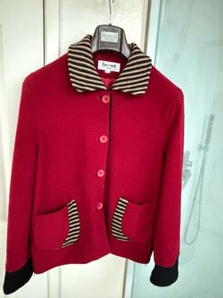Red Wool Jacket with Striped Collar