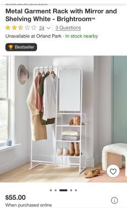 Metal Garment Rack with Mirror and Shelving White