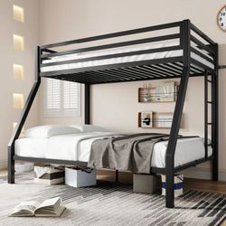 Black Twin over Full Size Metal Bunk Bed with Removable Durable Ladder