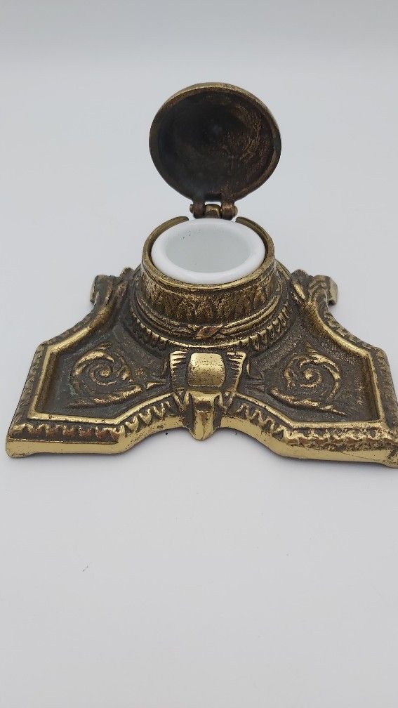 Ornate Vintage Brass Inkwell With Ceramic Insert