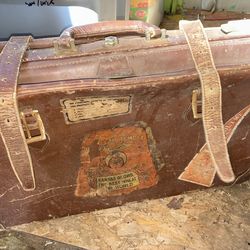 Vintage suitcase brown old retro antique 40s 50s stickers
