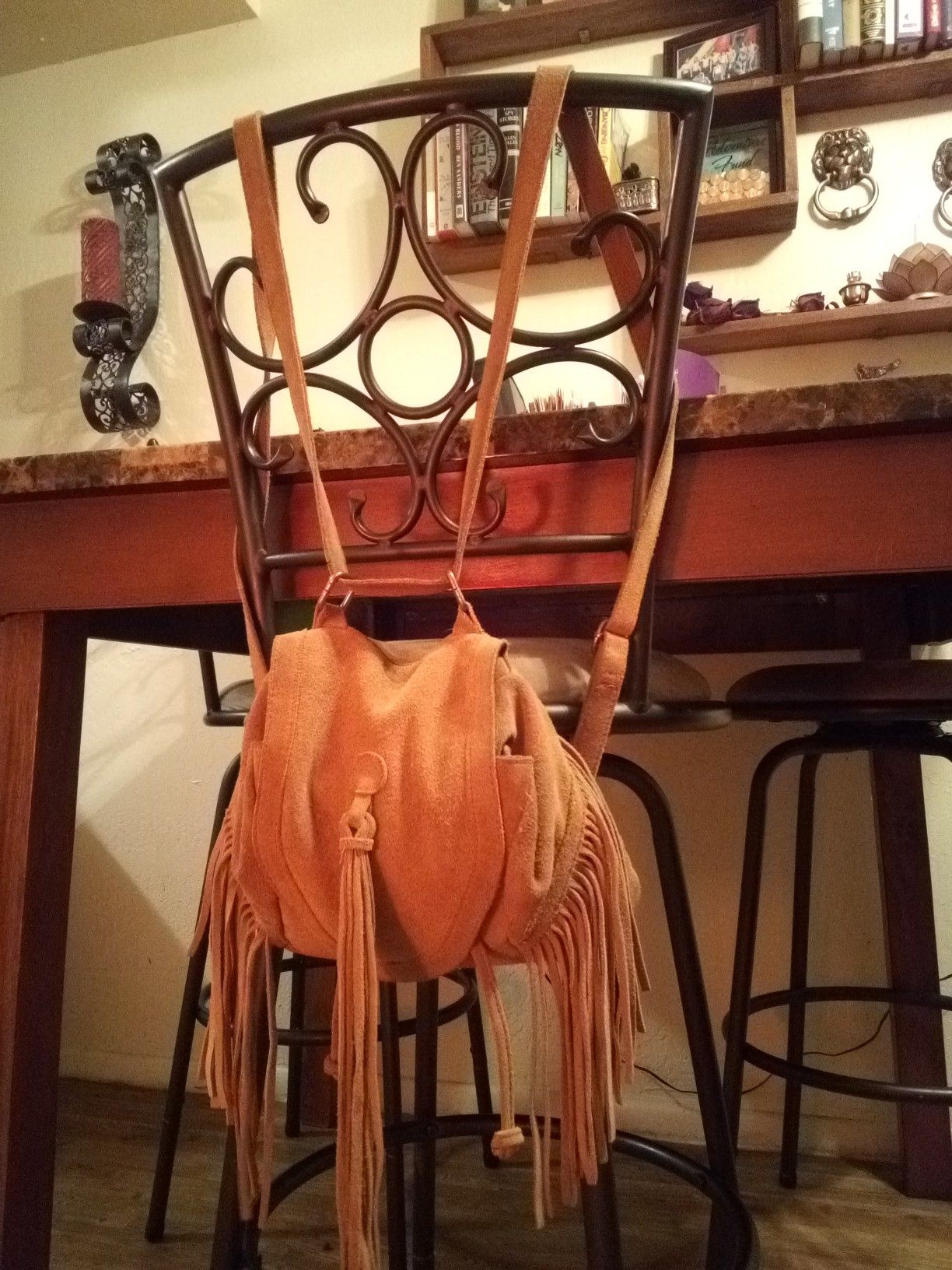 Vintage whiskey brown suede leather long fringe Convertible (backpack turns into shoulder bag) messenger crossbody saddle bag