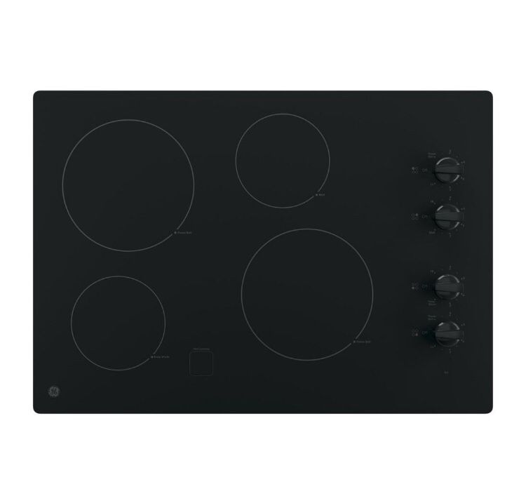 GE 30”Smoothtop Electric Cooktop w/ 4 Radiant Elements, Knob Controls, Keep Warm Melt Setting, Black