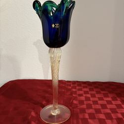 MURANO MADE IN ITALY GREEN BLUE BEIGE 14 INCHES TALL HEAVY GLASS VASE