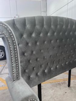 Luxury Gray Velvet Tufted Queen Headboard – Wingback with Crystal Buttons