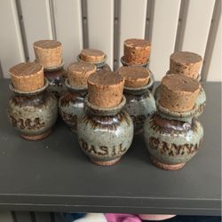Vintage Stoneware Spice Containers With Cork Tops