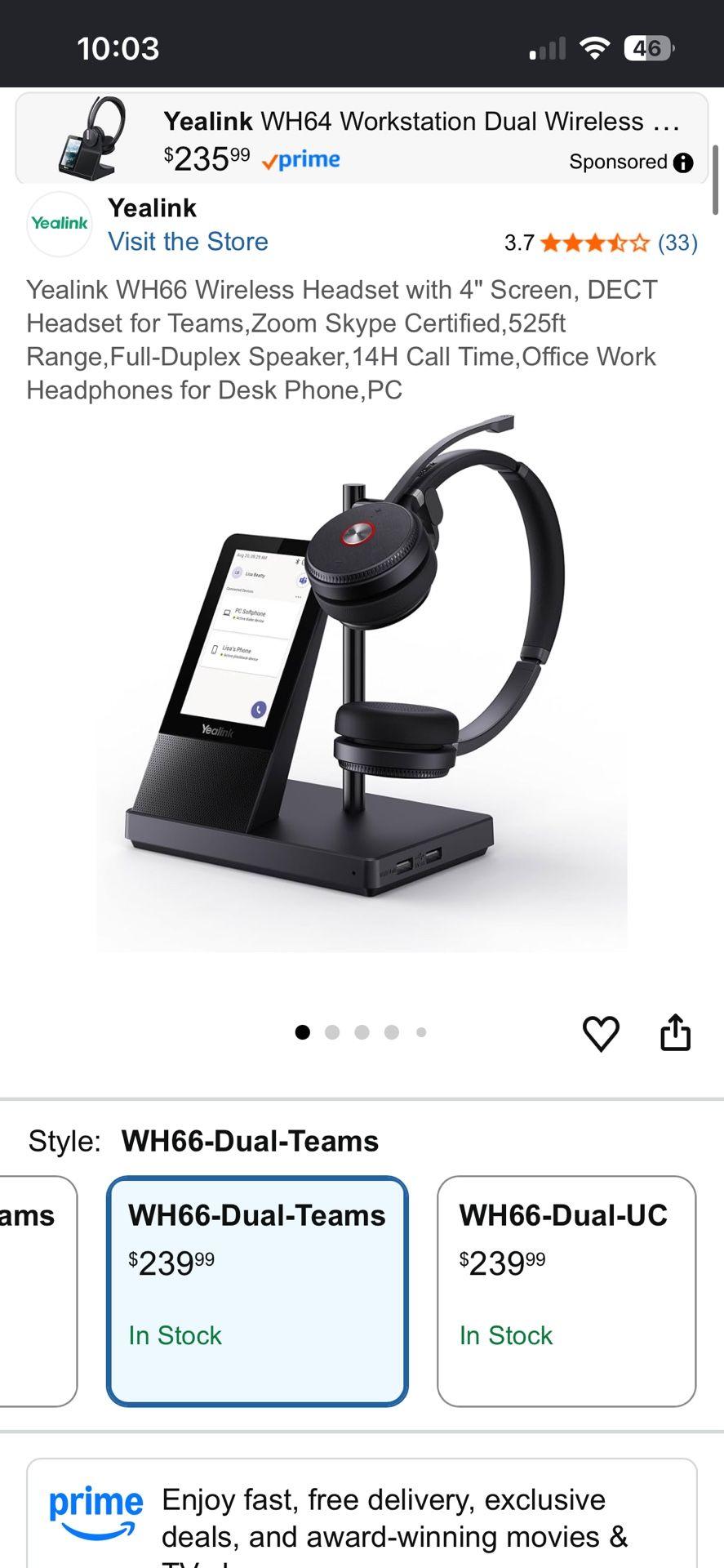 WH66 Dual Teams Wireless Headset