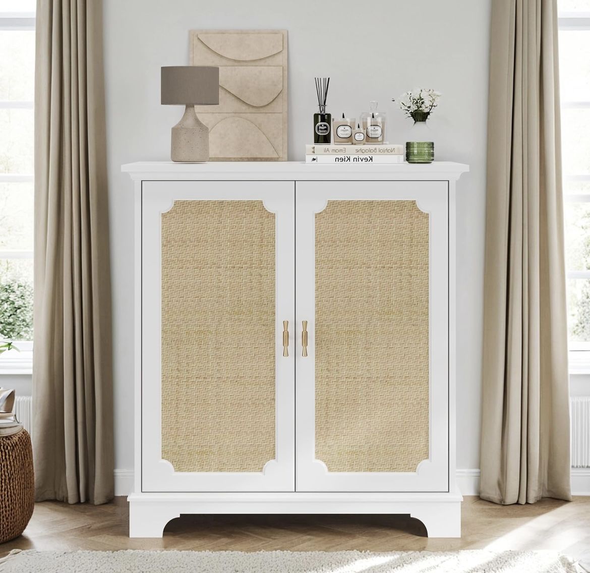 Assembled New 31” Sideboard Buffet Cabinet with Rattan Doors and Adjustable Shelves Engineered Wood