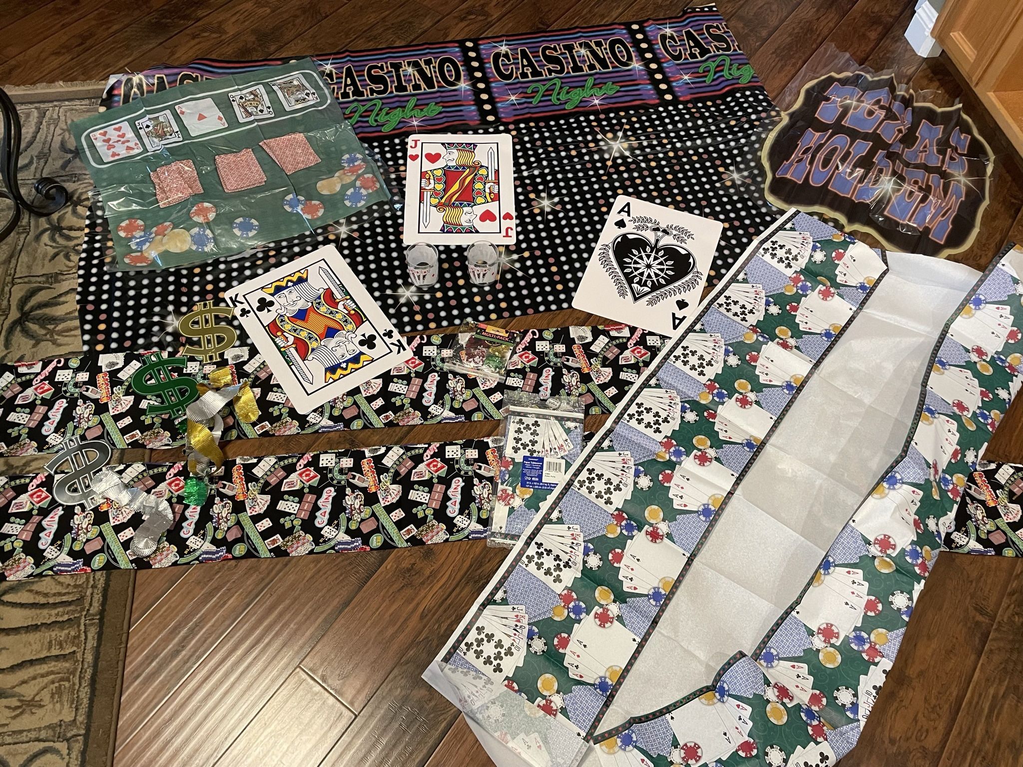 Everything For A Poker Party- 30 Foot Banner, 2 Tablecloth’s , Glasses, Table Runners, Large Playing Cards To Hang, Banners-All $5