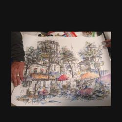 AHLOAS LARGE ORIGINAL WATERCOLOR & INK PARIS CAFE STREET SCENE PAINTING 1992