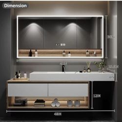 Bathroom Vanity with Sink - High and Low Countertops | LED Lamp & Defogging Mirror, Visual Storage & 2 Drawers, Single Bathroom$100