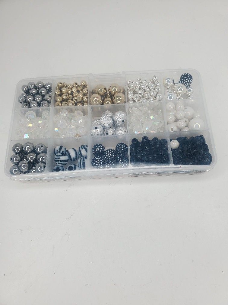 6 oz. Mixed Beads & 15 Clear Slot Case Gold Silver Crystal White Black Stripes 