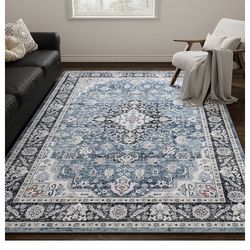 6x9 Rugs for Living Room, Vintage Design Washable Rug, Low Pile Non Slip Backing Area Rug for Bedroom, Home Decor, Farmhouse, Dining Room, Blue & Blac