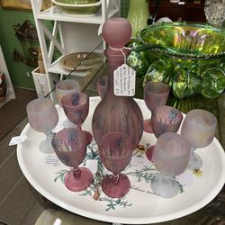 Reuven Art Nouveau Art Glass Handpainted Decanter Set