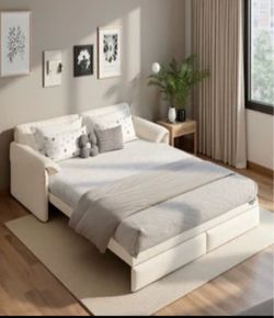 Cream Upholstered Pull-Out Sleeper Sofa