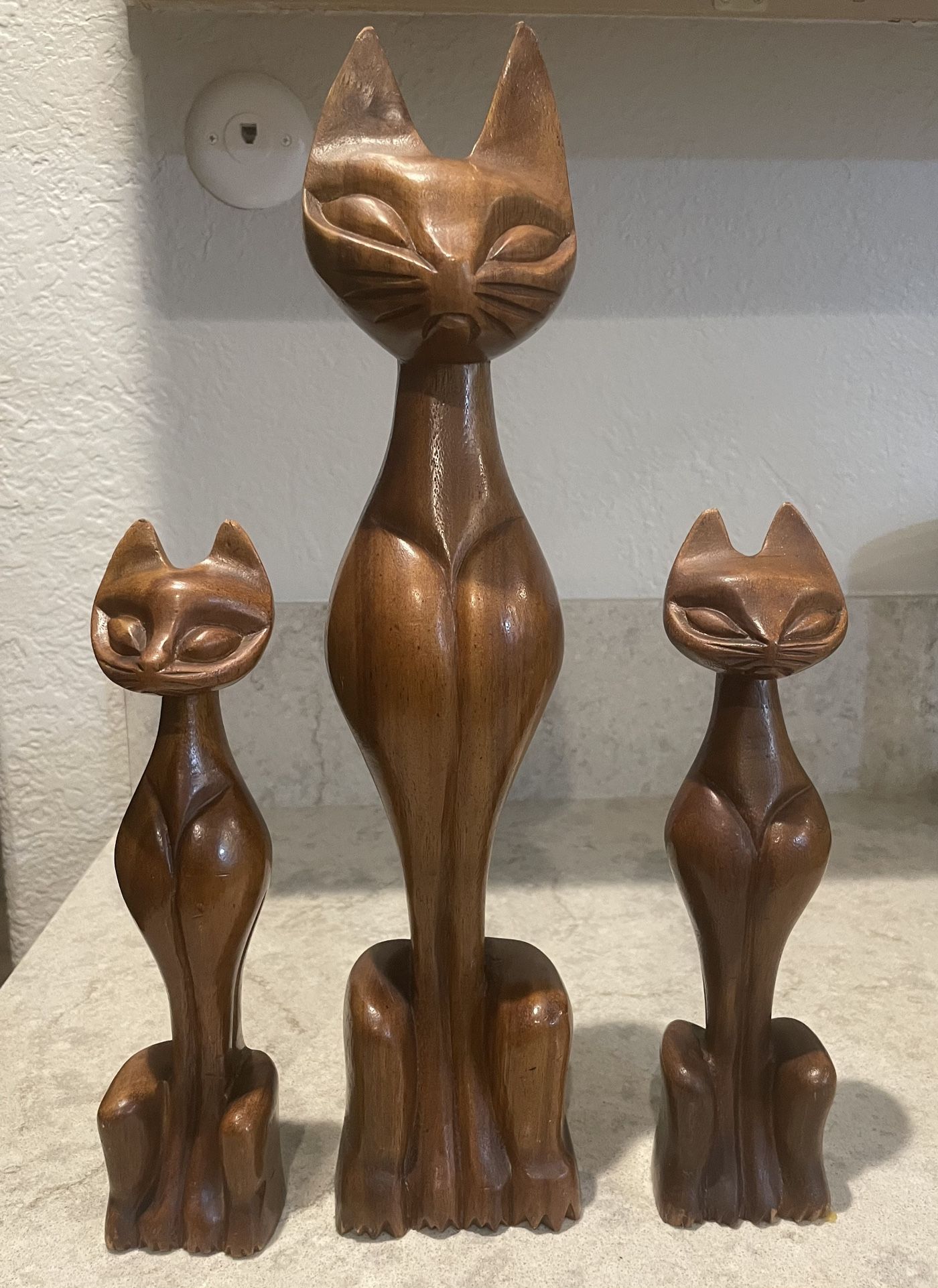 VTG 1960'S LINA VIZCARRA OANDASAN MODERNIST, 3 PIECE WOODEN CAT SCULPTURE STATUE