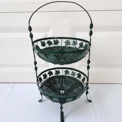 Attic Find Mid 20th Century Vintage Ornate Green Cast Metal Fruit Basket Vegetable Candy Stand  Highly Decorative