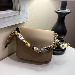 Small Champagne Beige  Bag Gold Color Chain Strap + Animal Print Scarf Handle