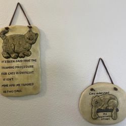 Pair of Novelty Ceramic Cat Art Plaques - Cat Lover Humor Decor