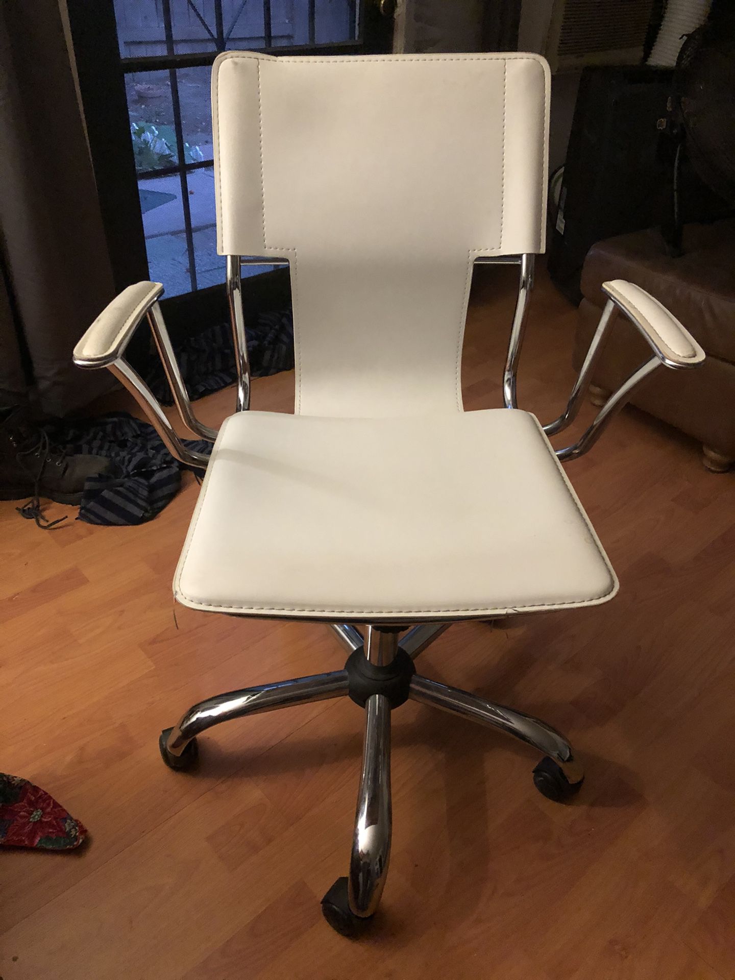 Mid-Century Modern White Leather Rolling Desk Chair