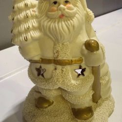 Vintage Santa Tealight Candle Holder White Gold Christmas Decor Figurine