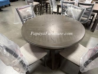 5 Piece Round Dining Table and Chair Set Grey Wood Ashley Jerome Styl Kitchen Open Shelf Storage BIG Solid SALE Modern Contemporary Fabric Cushion 5PC