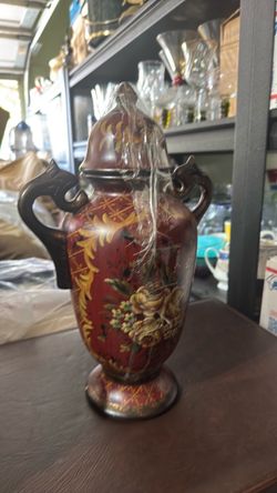 Decorative Lidded Urn Vase with Floral Design