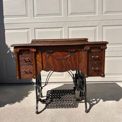 Solid Tiger Wood Antique Damascus Grand Rotary Sewing Machine Cabinet