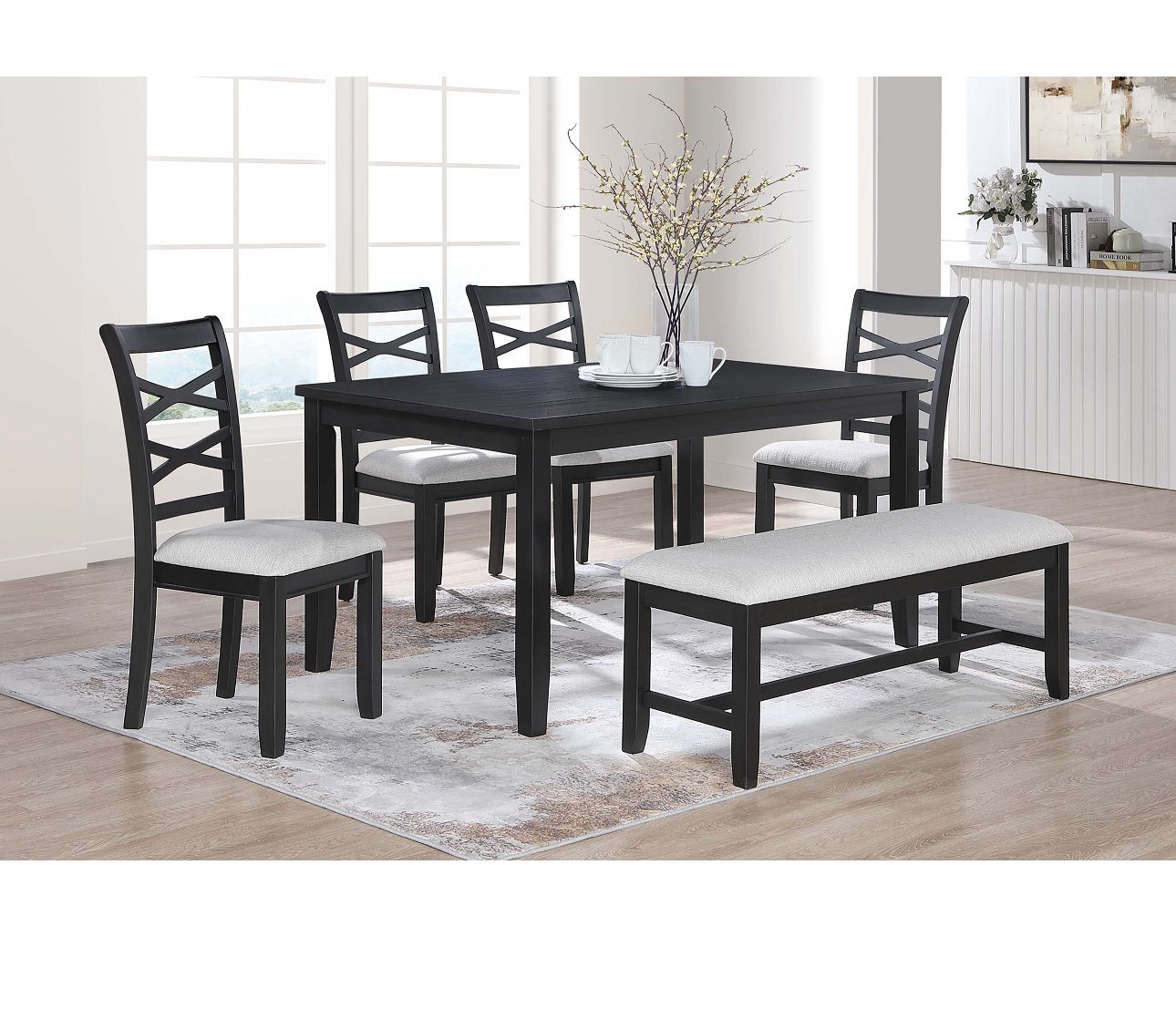 6 Pc Dinning Set Table Charcoal Black Color