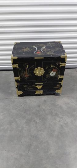 Black Lacquered and Brass Mounted Chinoiserie Decorated Side Cabinet