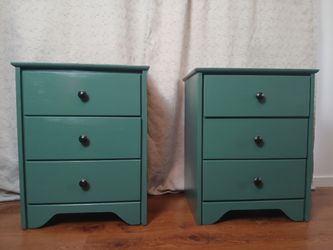 RESTORED - Reak Wood Pair of Dark Green 3-Drawer Nightstands
