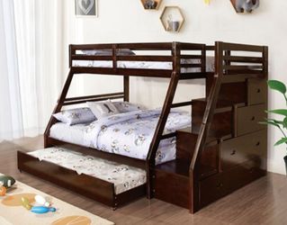Brand New Espresso Twin Over Full Bunk Bed w Staircase + Trundle Bed