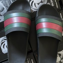 Gucci Men's Web Signature Stripe Slide Sandals- Size 12
