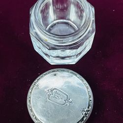 Antique Early 1900s Sterling Silver Top Cut Crystal Glass Vanity Jar With Thick Crystal 