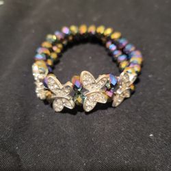 Vintage Rhinestone Butterfly Beaded Elastic Bracelet 