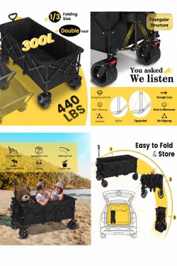 48''L Collapsible Foldable Extended Wagon with 440lbs Weight Capacity, Heavy Duty 300L Folding Utility Garden Cart with Big All-Terrain Beach Wheels