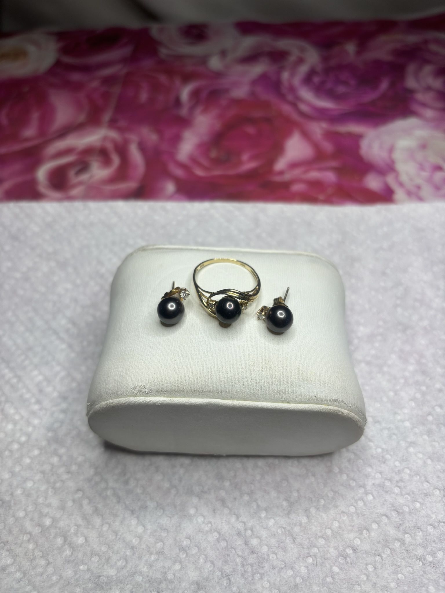 14k Gold Diamond Black Tahitian Pearl Ring And Earrings