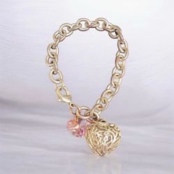 925 Sterling Silver Round Link Chain Charm Bracelet Heart Dangle