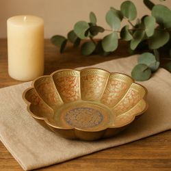Indian 1960s Etched Brass Lotus Bowl Hand-Painted Enamel Inlay, 6x1.5”